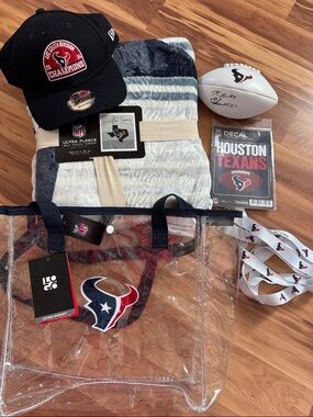 Black Houston Texans Champions Hat with White Mini Football, throw & Clear Tote